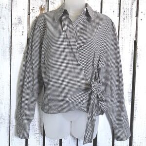 Evan-Picone Black White Gingham Cotton Wrap Top Size 18W Long Sleeve  Side Tie